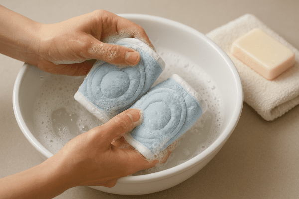 Close-up of hand washing baby knee pads in a white basin with soap and towel.