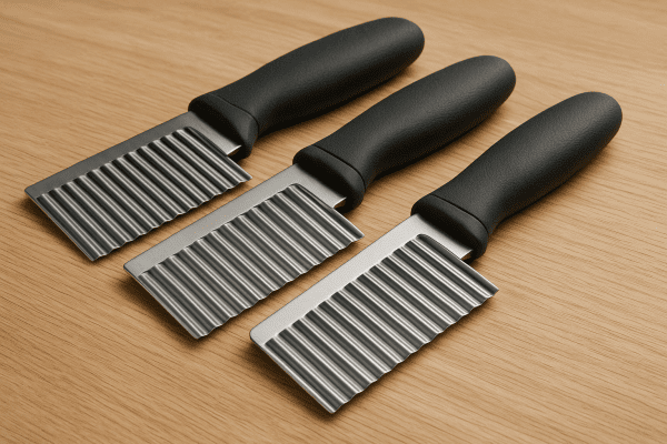 A professional crinkle cutter set with sharp blades and ergonomic textured handles displayed on a light oak kitchen surface.