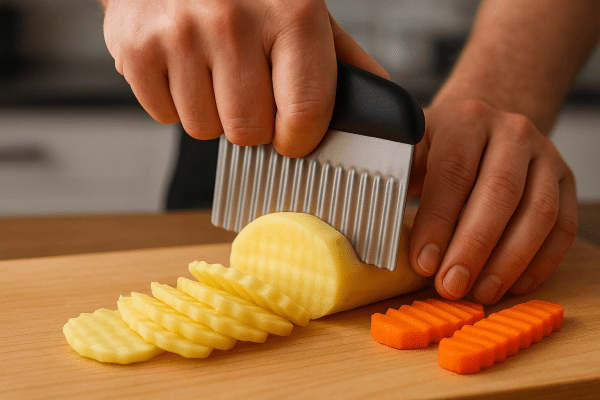Hands using a crinkle cutter to slice potato and carrot, with wavy slices neatly displayed on a maple board.