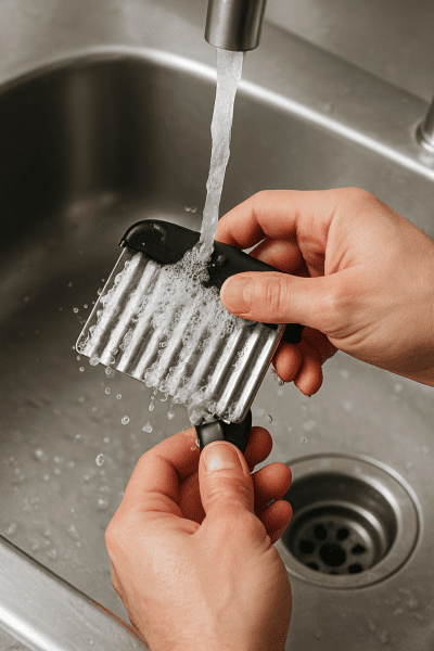 Hands thoroughly washing a crinkle cutter under running water in a stainless steel kitchen sink.