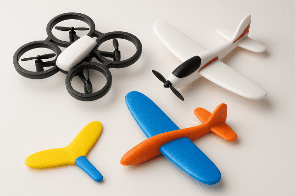 Studio photo of a drone with propeller guards, a foam airplane, and a hand glider, all neatly displayed on a white table.