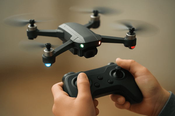 Child's hands hold a controller while a high-tech toy drone hovers with lit LEDs and visible sensors.