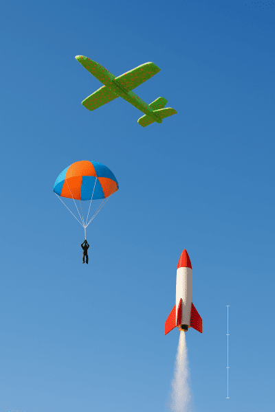 Foam glider, parachute toy, and toy rocket each shown mid-action under a blue sky.