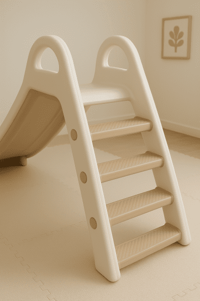 Close-up of toddler slide ladder with wide textured steps and ergonomic handrails, in a softly lit playroom.