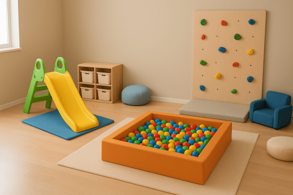 Organized playroom featuring a slide, ball pit, and climbing wall with clear zones and safe walkways.
