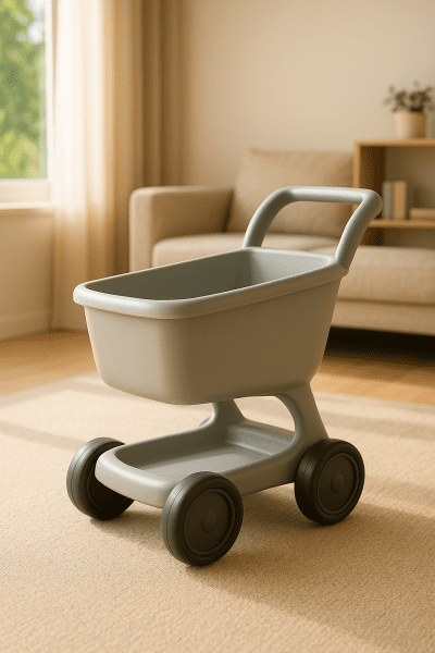 Kids shopping cart with anti-tip, wide wheels and rounded edges, displayed in a safe, bright family living room.
