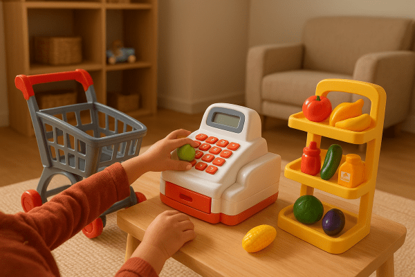 Kids shopping cart, toy cash register, and colorful groceries, a child's hands engaged in pretend play in a cozy playroom.