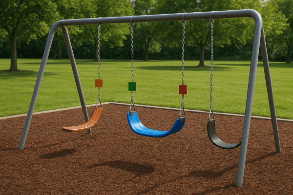 Three swing seats\u2014wood, plastic, and rubber\u2014side by side on a safe, sunlit playground with lush grass and mulch.