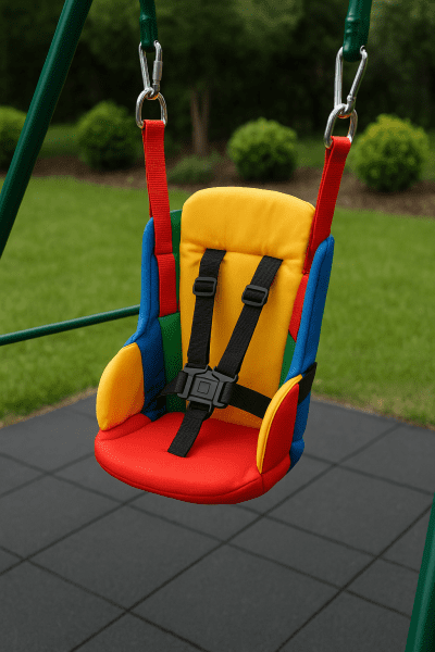 A children's swing with a securely fastened, padded harness attached to a metal frame, over rubber tiles in a neat yard.