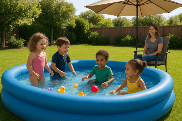 Children enjoying a safe blue inflatable pool with visible safety features and an adult nearby.