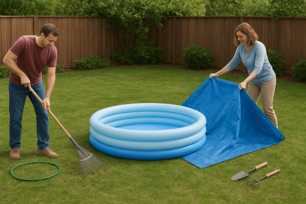 Adults clearing lawn and laying a tarp to safely set up a kids' wading pool.