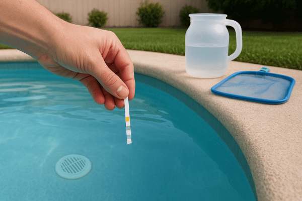 Parent using water test strip and cleaning tools to maintain a clean kids' pool.