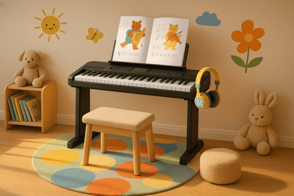 A vibrant kids' music corner with a child-sized piano, cushioned bench, animal headphones, and playful accessories.