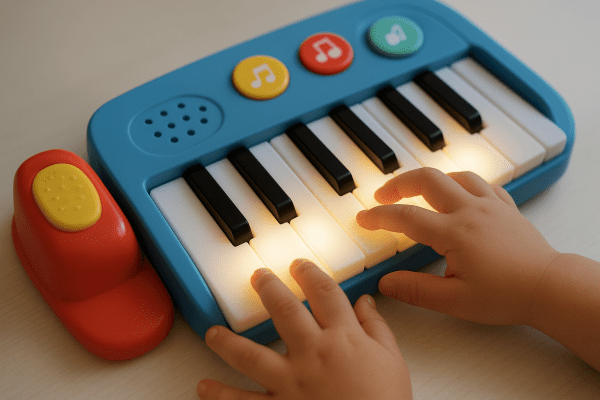 Close-up of a child's hands playing illuminated piano keys and using a bright pedal.