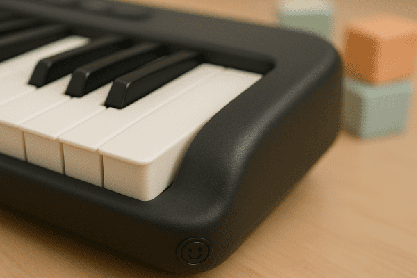 Close-up of a sturdy, child-safe piano corner with a matte finish and pastel building blocks.