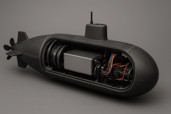 Cross-section view of a remote control submarine hull showing layered waterproofing, O-rings, and organized electronics.