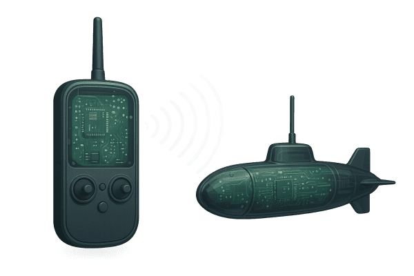 Transparent view of RC submarine and controller, with signal waves between exposed antennas.