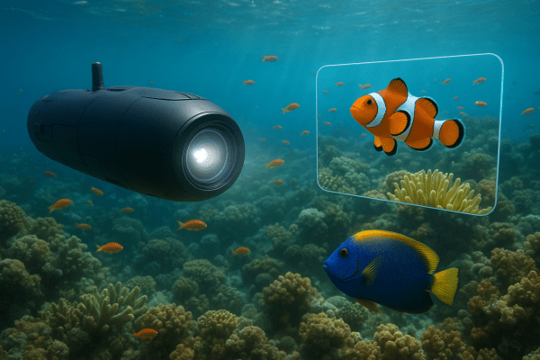 RC submarine underwater filming vibrant aquatic life, live 4K video feed displayed.