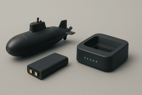 RC submarine, lithium battery, and smart charging dock with digital indicators.