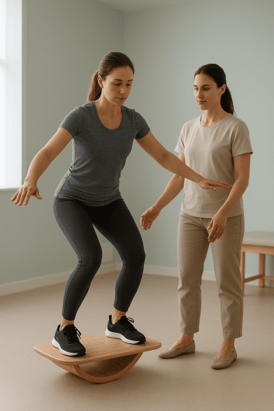 Patient balancing on rocker board with therapist assisting in a bright therapy room.