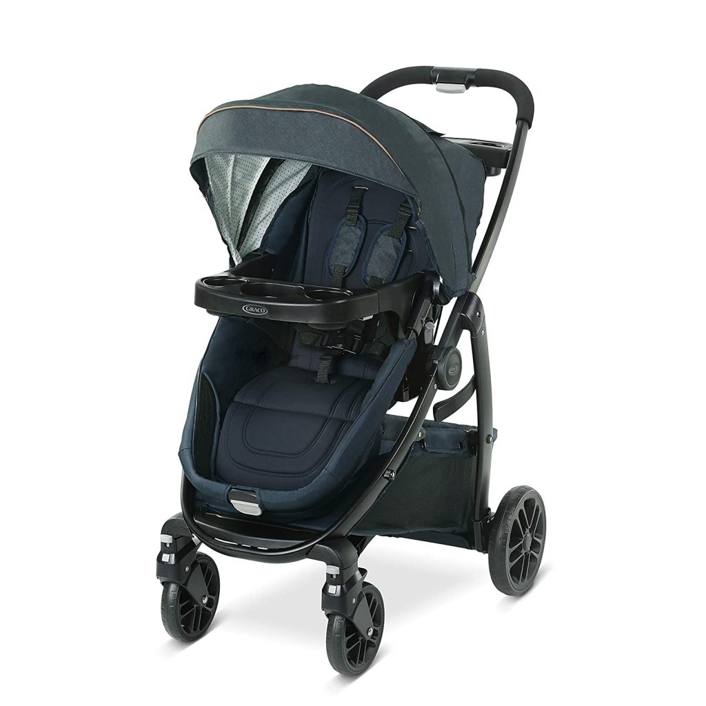 Bassinet - Graco Modes Stroller can be used as travel system. It has 3 full features in 1. This one has a large storage basket underneath and can be easily folded up with one hand.