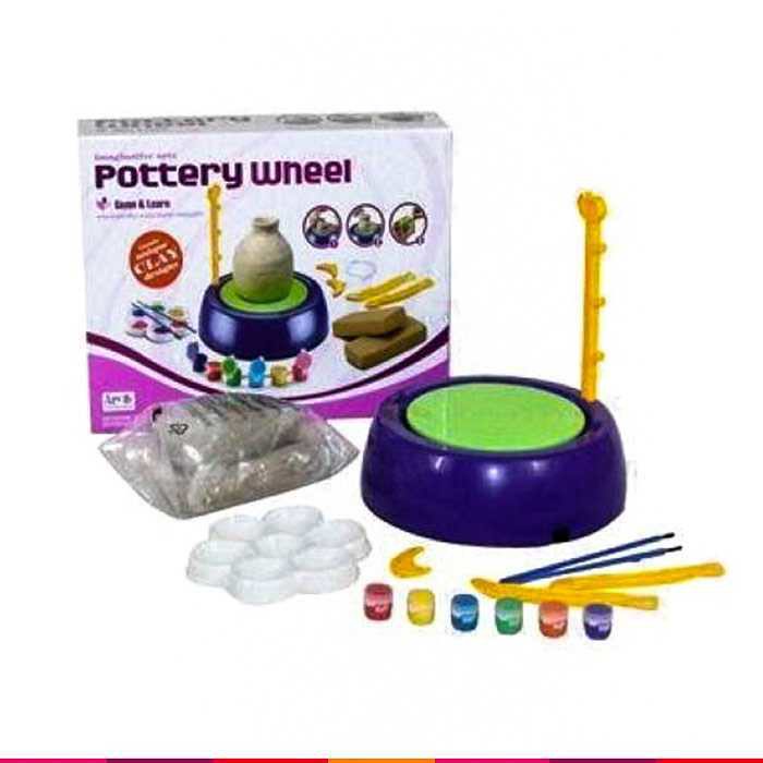 contents of pottery wheel set include pottery wheel, clay, and other tools for kids