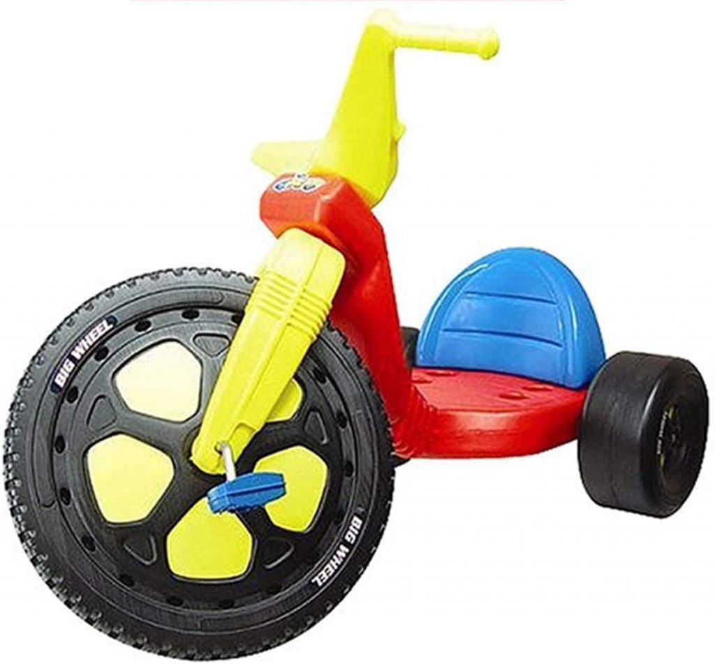 Original Big Wheel for kids is 16" front tire, 4 extra wide tires and 3 position seat. It is made in the USA and has been designed with the original tricycle with iconic colors.