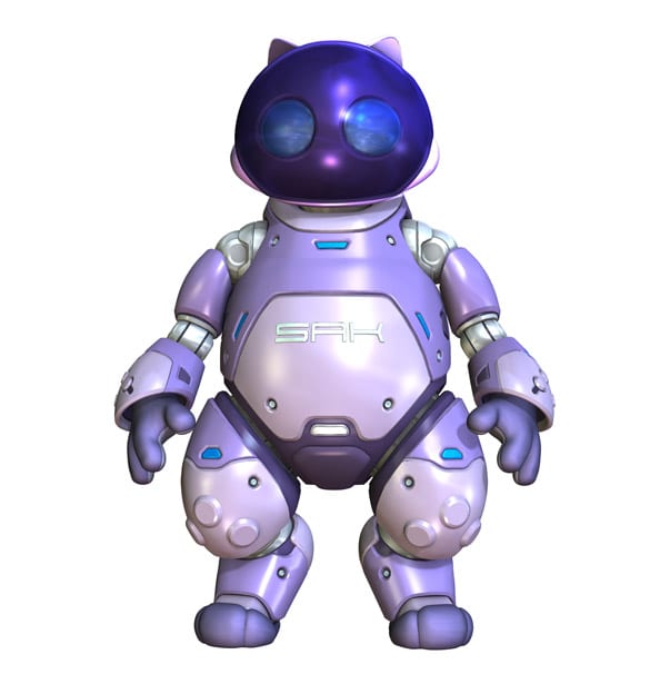 A purple robotic cat with two big eyes.