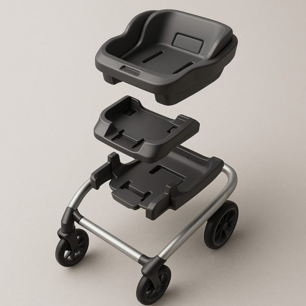 Car Seat Stroller Combo exploded view showing seat base, adapter, and latch alignment for frame matching.