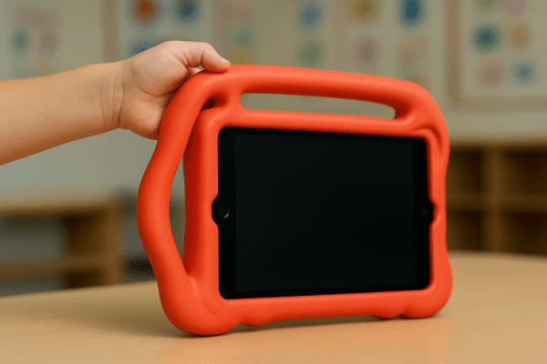Child gripping ergonomic silicone iPad case with thick bumpers in a colorful classroom.