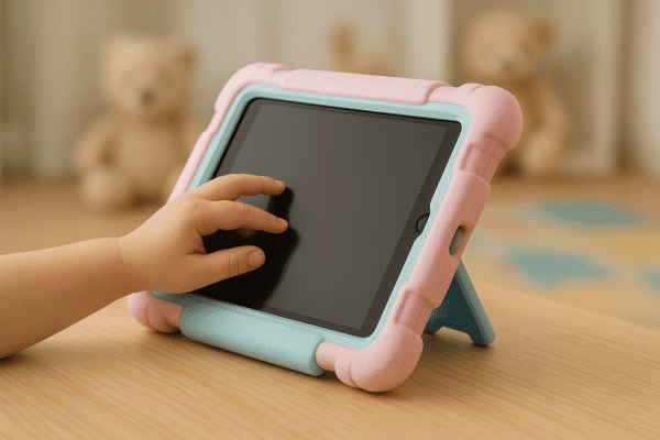Foam bumper iPad case with kickstand on a wooden table, child\u2019s hand reaching for device.