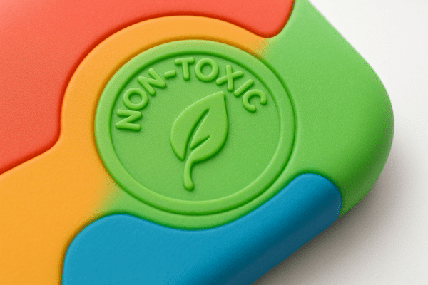 Macro of colorful iPad case showing child-safe certification badge and rounded edges.