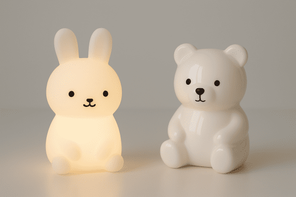 Studio setup comparing glowing silicone and plastic night lights showing light diffusion differences.