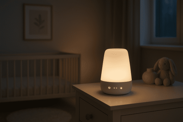 Modern nursery with night light on dresser, timer and sensor LEDs illuminated, crib in background.