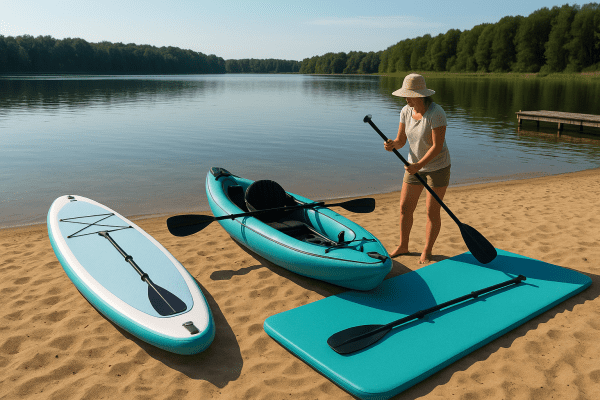 Lake paddleboard, kayak, and mat with attached paddles, person prepping by wooded shore.