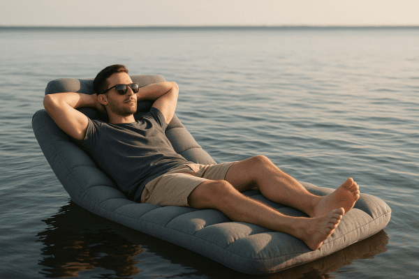Floating lounger with padded headrest, hammock seat, cushion panels, and relaxed adult on a sunny lake.