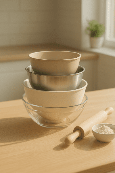 Nesting bowls in multiple materials stacked on a sunlit oak countertop with kitchen tools and blurred greenery in the background.