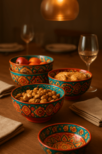 Artistic nesting bowls in bold colors, filled with snacks and fruit, arranged on an elegant dining table.