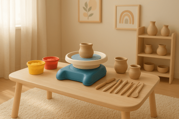 A sunlit, child-friendly art corner with a pottery wheel, colorful clay, and soft tools displayed accessibly.