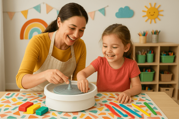 A parent and child cheerfully arranging a pottery wheel, clay, and tools in a playful home art nook.