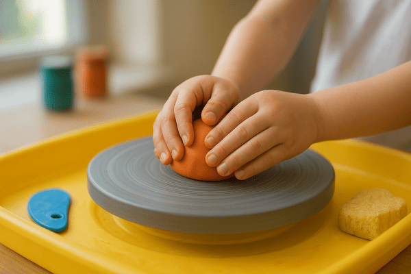 A close-up of a child's hands shaping bright clay on a spinning kids' pottery wheel with tools nearby.
