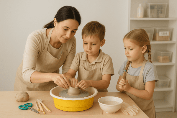 An adult supervises two children at a pottery wheel, with visible safety supplies in a clean studio.