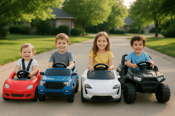 Children of different ages in appropriately sized ride on cars, safety details visible, parked outdoors.