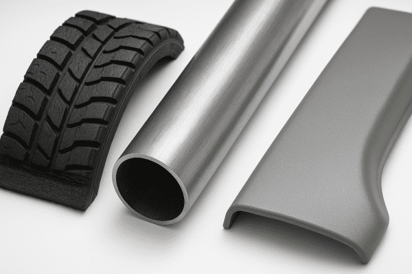 Macro close-ups of ride on car rubber tire, metal frame, and plastic panel, arranged on pristine white.