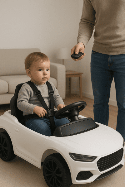 Child buckled in a ride on car inside, with parent holding remote control nearby, showing safe supervision.