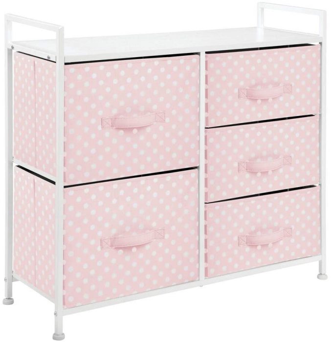 A pink dresser with polka dots design. It has a strong steel frame design so you can put what you want specially baby items. 