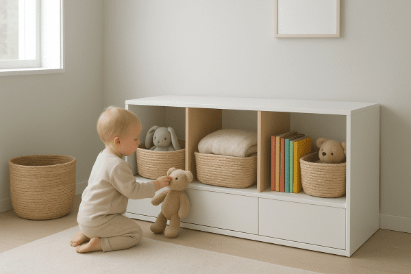 Minimalist matte white toy chest with wood dividers, baskets, and a toddler selecting a toy in a pale gray playroom.