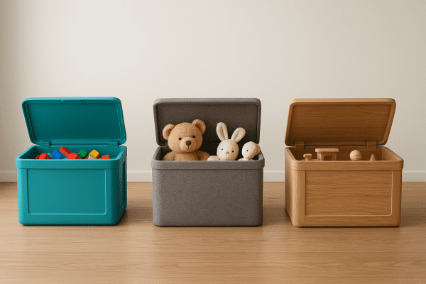 Plastic, fabric, and wood toy chests, each partially open to display toys, on a walnut floor in a bright, modern space.