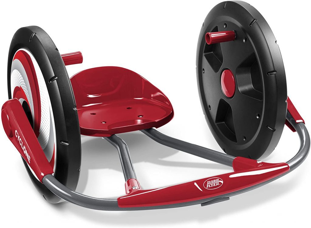 cute red radio flyer cyclone. It features 16" wheels for a stable and smooth ride on any surface. The Radio Flyer Cyclone can do 360⁰ spins for more entertainment and thrills. 