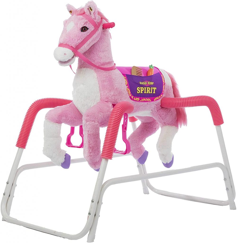 A pink Rocking Rider Spirit Spring Horse. A spring rocking horse which features 25 talking phrases and realistic sounds effects and it has synchronized moving mouth that makes it look more magical when it speaks.